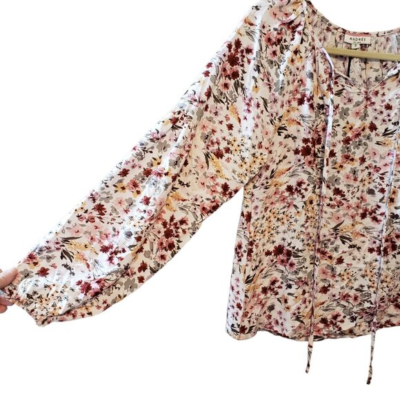 Andrée By Unit Red Olive & Mustard Floral‎ Long Sleeve Blouse Tie Neck Size S - Picture 2 of 15